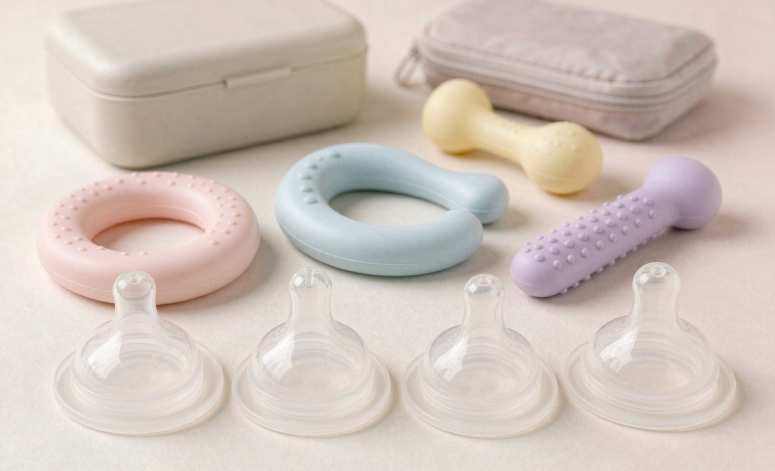 Silicone baby bottle nipples and teethers